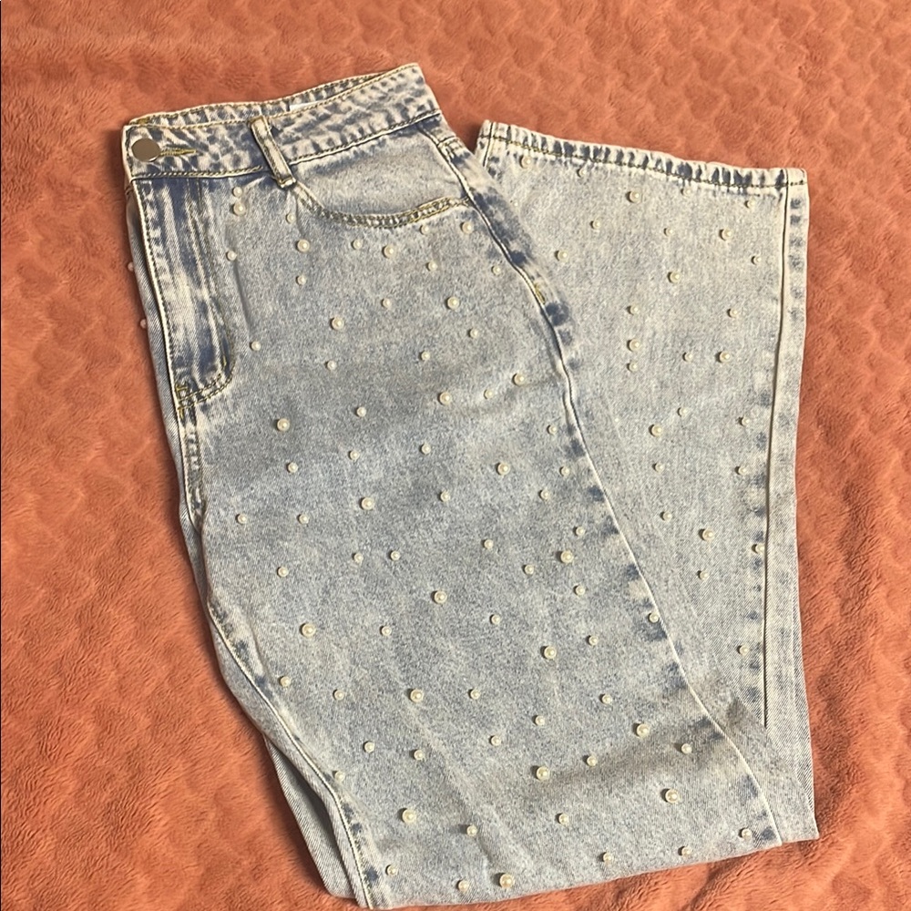 SHEIN Pearl Beaded Flare Leg Jeans
